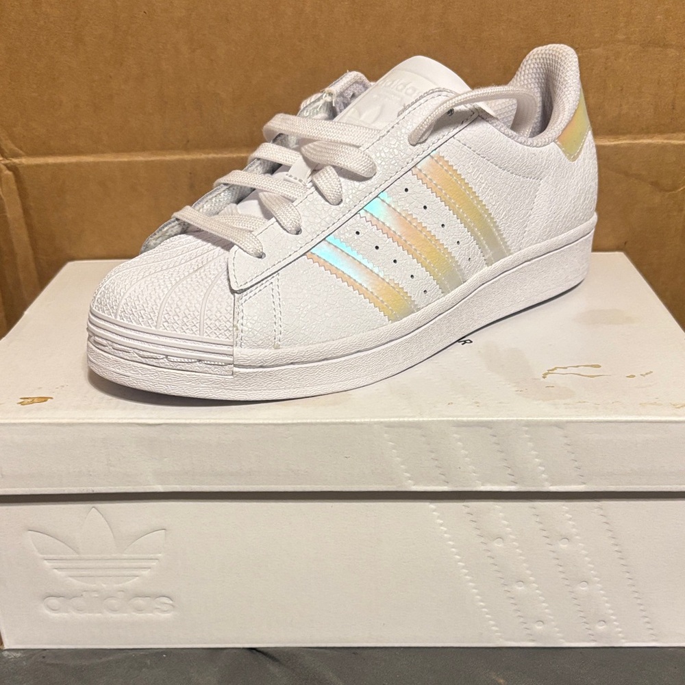 Adidas White Sneakers with Rainbow Stripes
